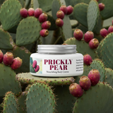 Jar of Prickly Pear body crème on a background of cactus plants with pink fruits