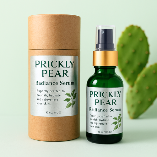Prickly Pear Radiance Serum with packaging on a light green background