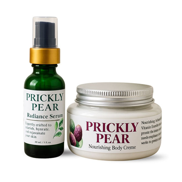 Prickly Pear Radiance Serum and Nourishing Body Crème on a white background