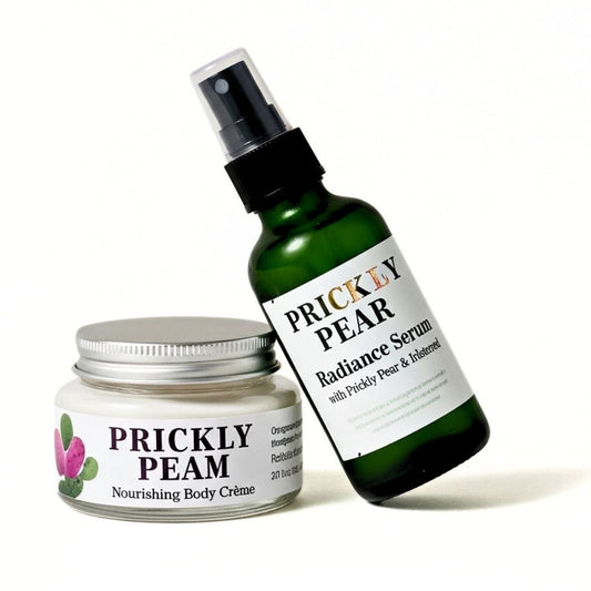 Prickly Pear skincare products including a serum bottle and body crème jar on a white background