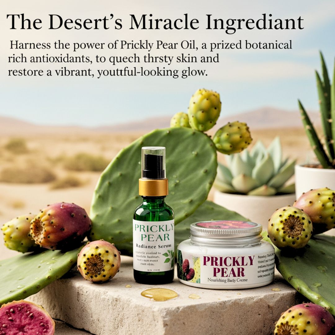 Prickly pear skincare products with cacti in a desert setting