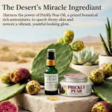 Prickly pear skincare products with cacti in a desert setting