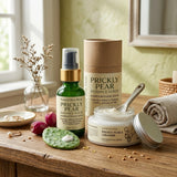 Cosmetic products including a serum, cream, and cookies on a wooden surface with a window in the background.