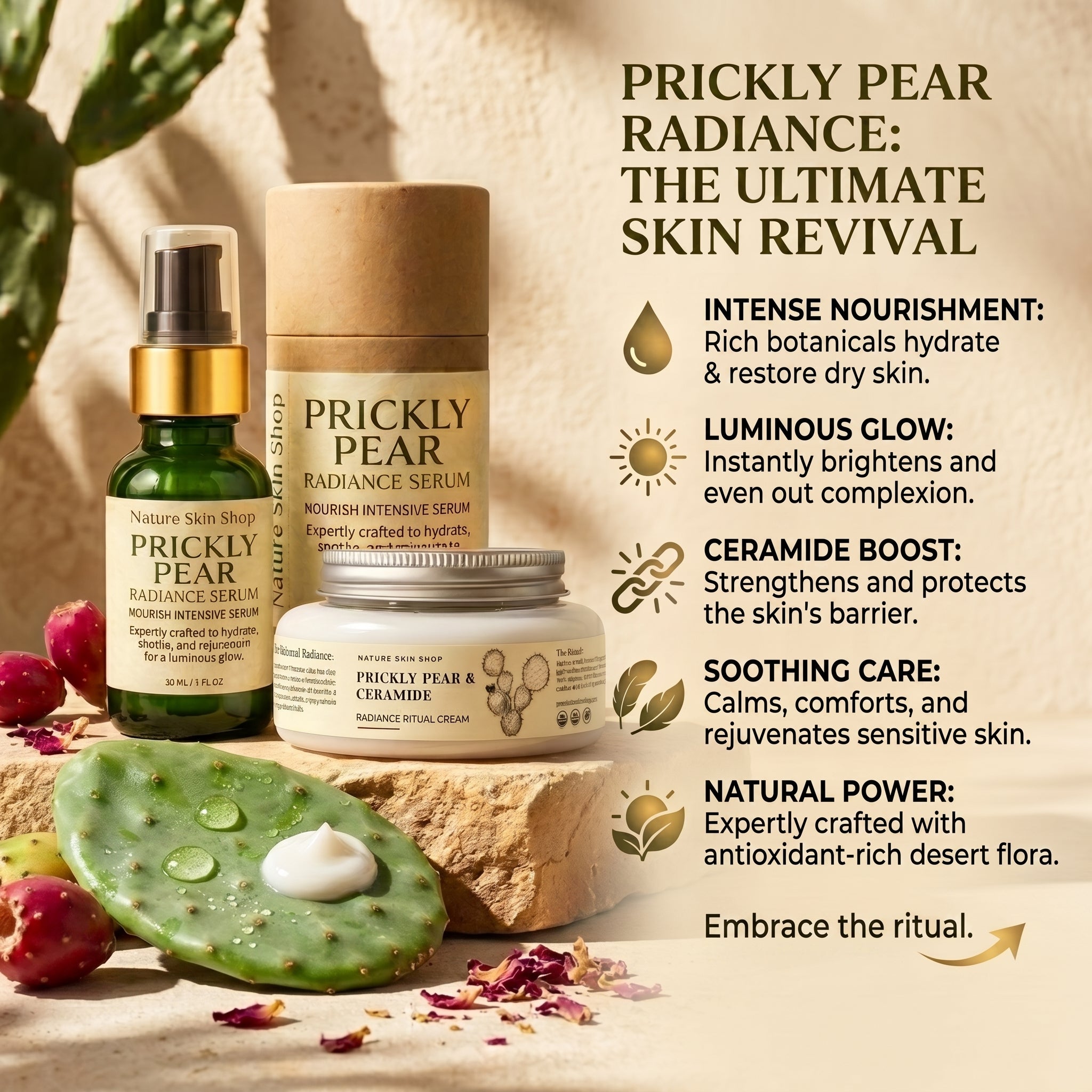 Prickly Pear skincare products with text highlighting benefits on a natural background