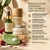 Prickly Pear skincare products with text highlighting benefits on a natural background
