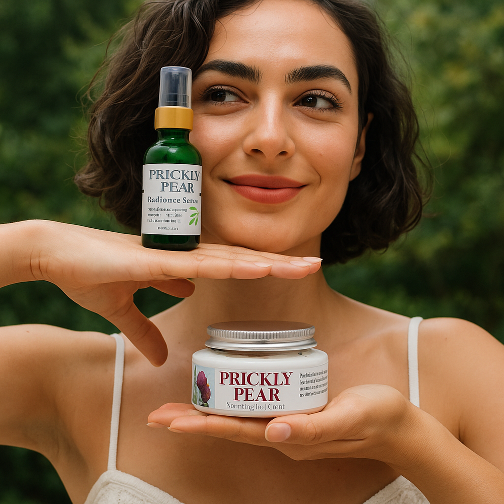 Woman holding Prickly Pear skincare products against a green background