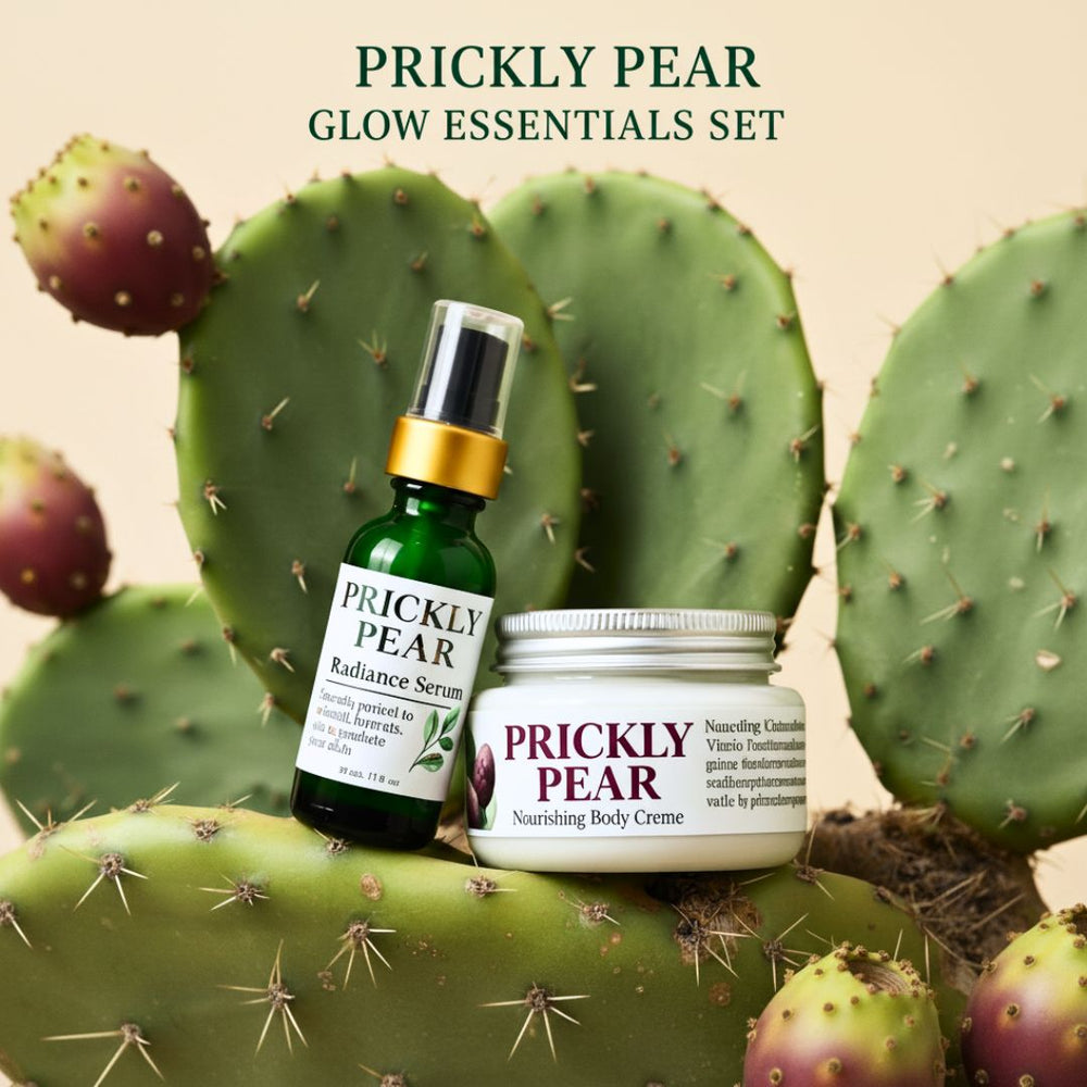 Prickly pear skincare products including a serum and cream on a cactus background.