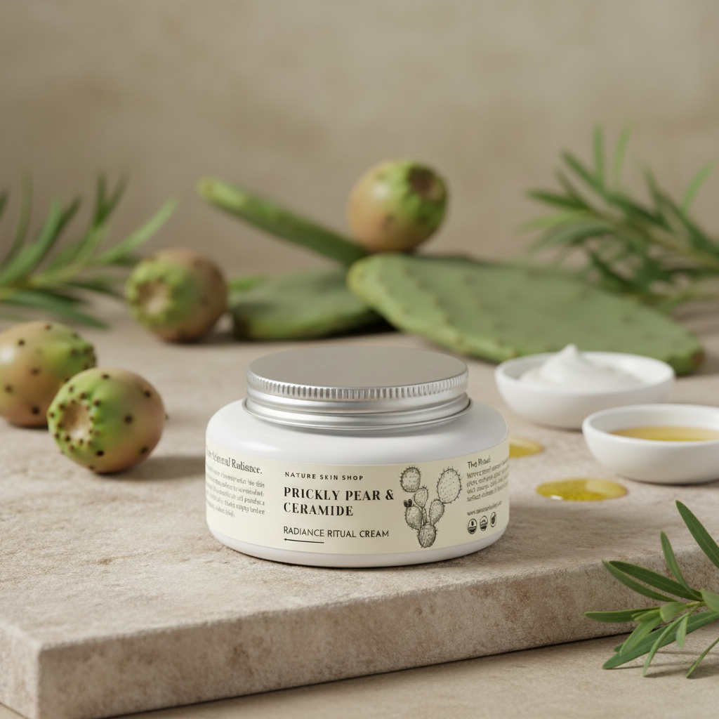 Cream jar labeled 'Prickly Pear & Ceramide' with cactus plants on a stone surface