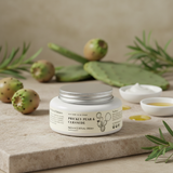 Cream jar labeled 'Prickly Pear & Ceramide' with cactus plants on a stone surface