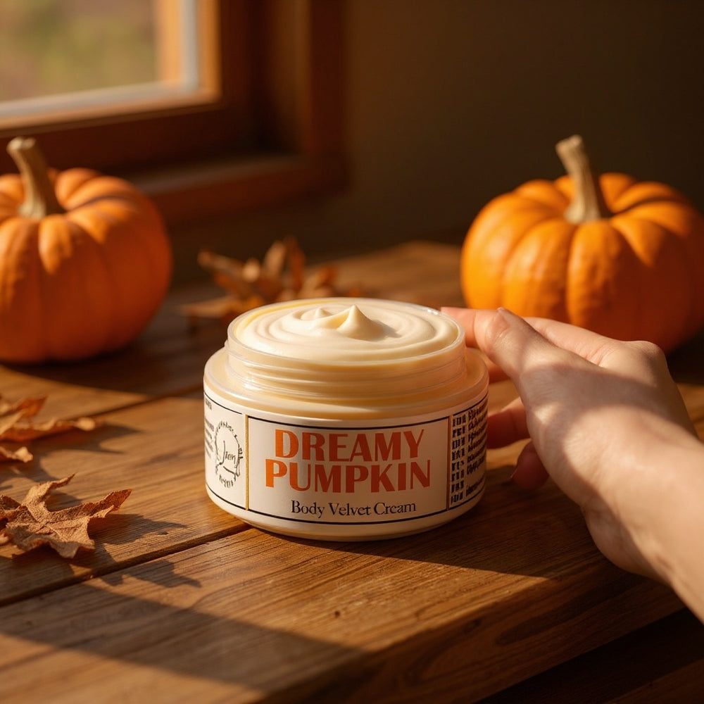 Jar of 'Dreamy Pumpkin' body cream on a wooden surface with pumpkins in the background