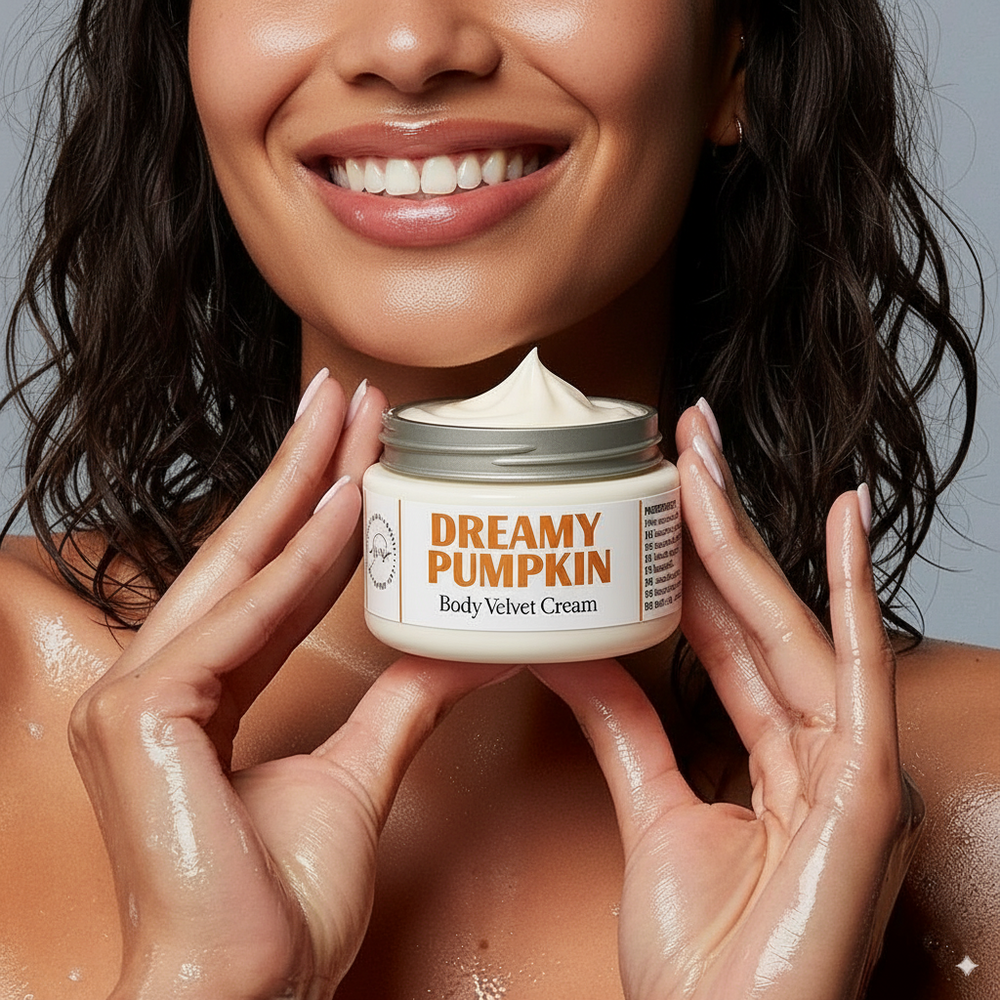 Person holding a jar of 'Dreamy Pumpkin' body cream with a neutral background