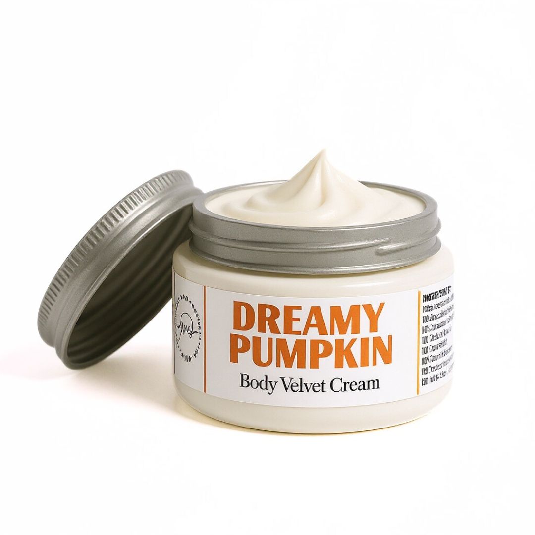 Jar of 'Dreamy Pumpkin' body velvet cream with a visible label on a white background