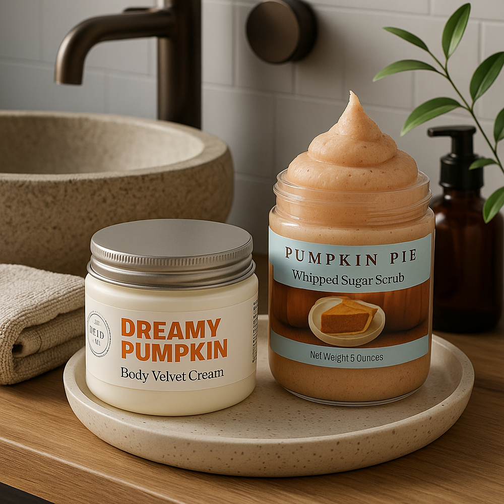 Two pumpkin-themed skincare products on a tray with a bathroom setting.