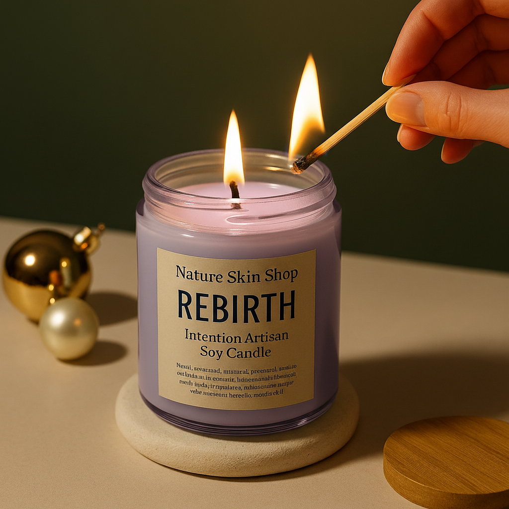 Candle labeled 'Rebirth' from Nature Skin Shop being lit with a match.