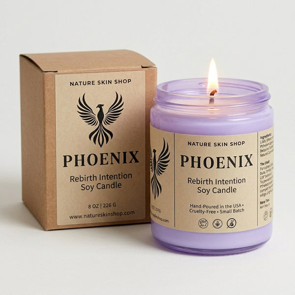 Phoenix soy candle with packaging from Nature Skin Shop on a light gray background