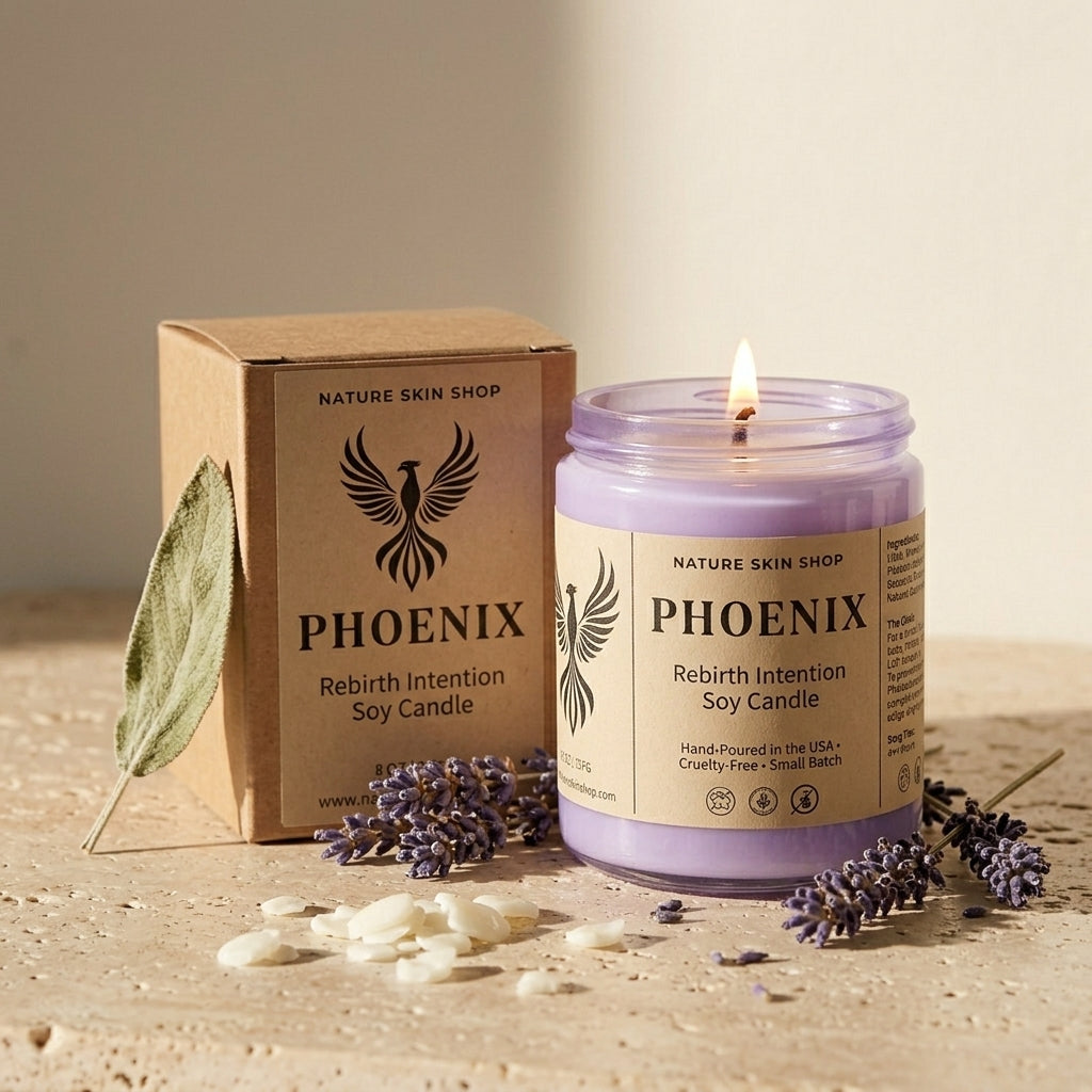 Phoenix candle with packaging and lavender flowers on a neutral background