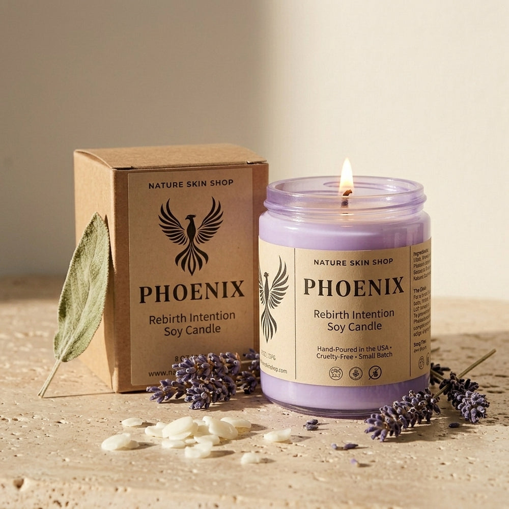 Phoenix candle with packaging and lavender flowers on a neutral background