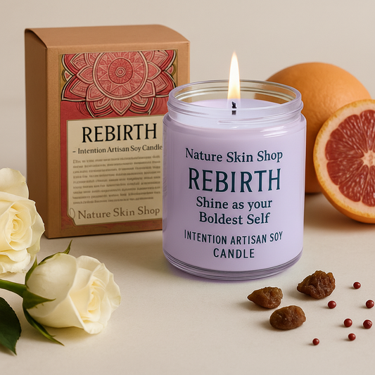 Candle labeled 'Rebirth' from Nature Skin Shop with packaging, flowers, and fruits on a light background