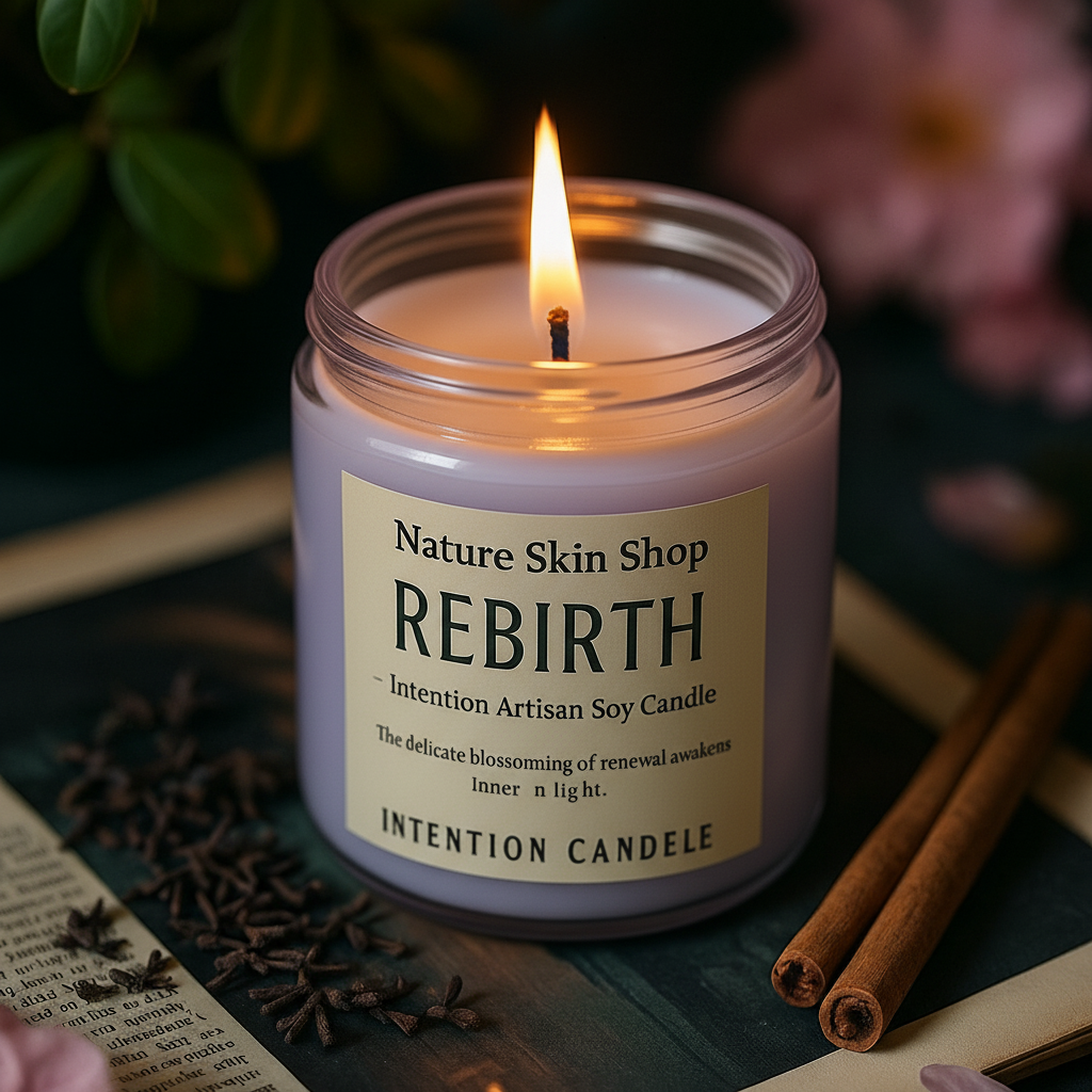 Candle labeled 'Rebirth' from Nature Skin Shop on a wooden surface with cinnamon sticks and flowers.