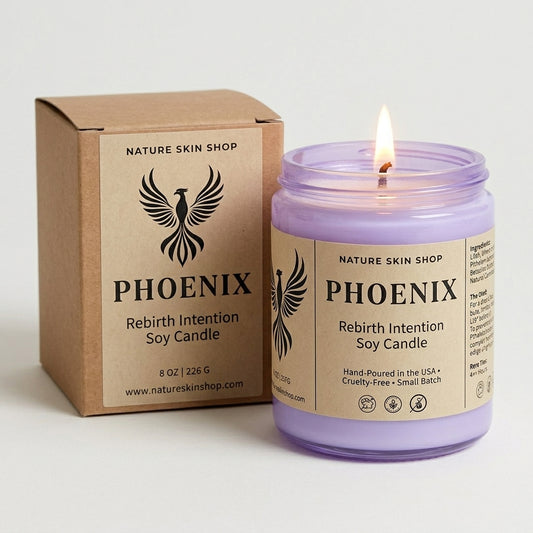 Phoenix soy candle with packaging from Nature Skin Shop on a light gray background