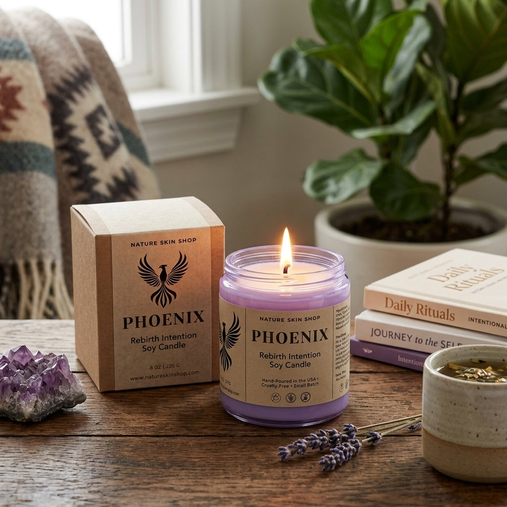 Phoenix candle from Nature Skin Shop on a wooden surface with a plant and books in the background