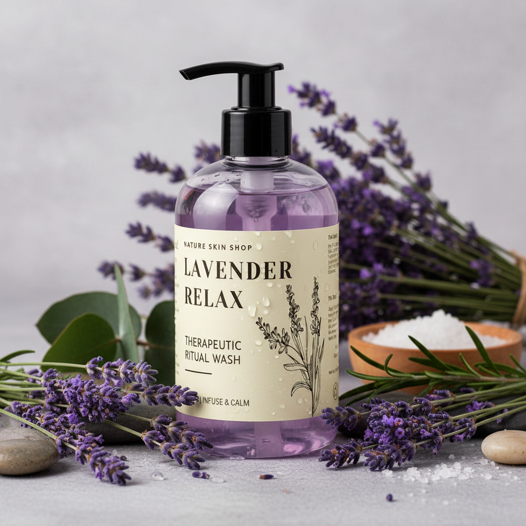Lavender-themed bottle of 'Lavender Relax' wash with lavender flowers and eucalyptus leaves on a light background.