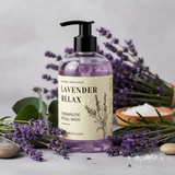 Lavender-themed bottle of 'Lavender Relax' wash with lavender flowers and eucalyptus leaves on a light background.