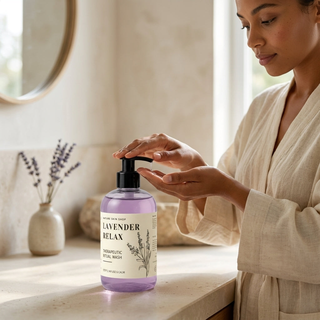 Woman in a bathrobe holding a bottle of lavender-scented body wash in a bathroom setting.