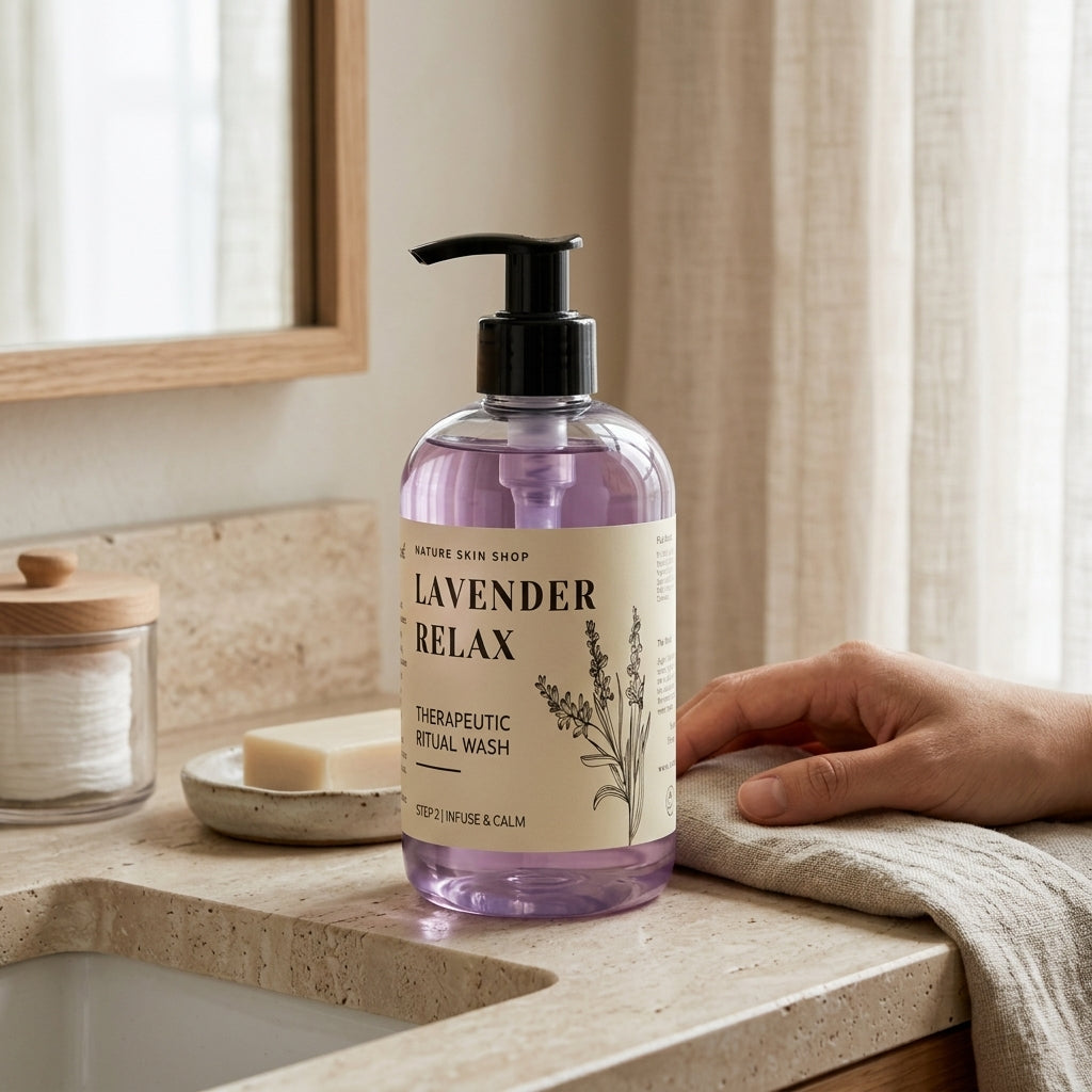 Bottle of lavender soap on a bathroom counter with a hand holding a towel.