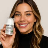 Woman holding a container of Renewal Glycolic 10% Face Cream against a neutral background