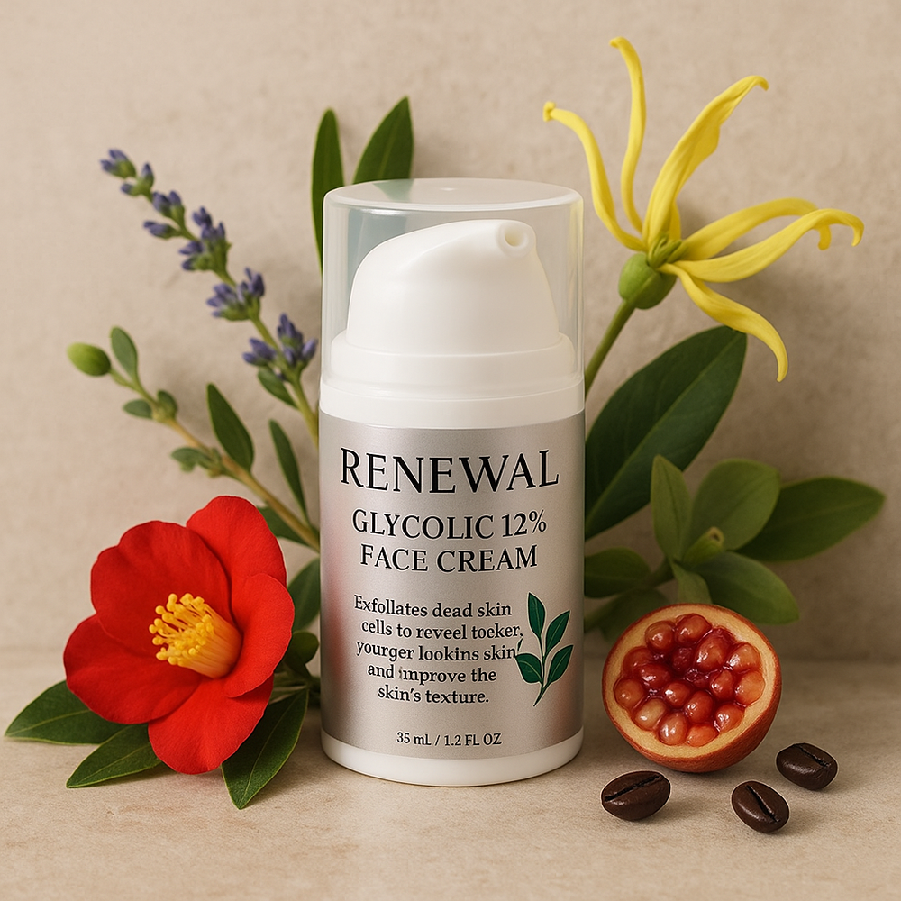 Skincare cream bottle labeled 'Renewal Glycolic 12% Face Cream' with flowers and a pomegranate on a beige background