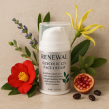 Skincare cream bottle labeled 'Renewal Glycolic 12% Face Cream' with flowers and a pomegranate on a beige background