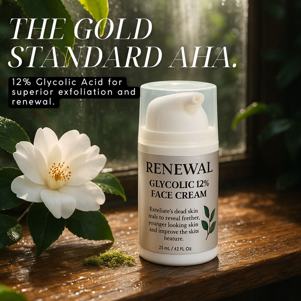 Renewal Glycolic 12% Face Cream on a wooden surface with a white flower and green leaves.
