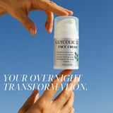 Bottle of Glycolic 12 Face Cream held by a hand against a blue background