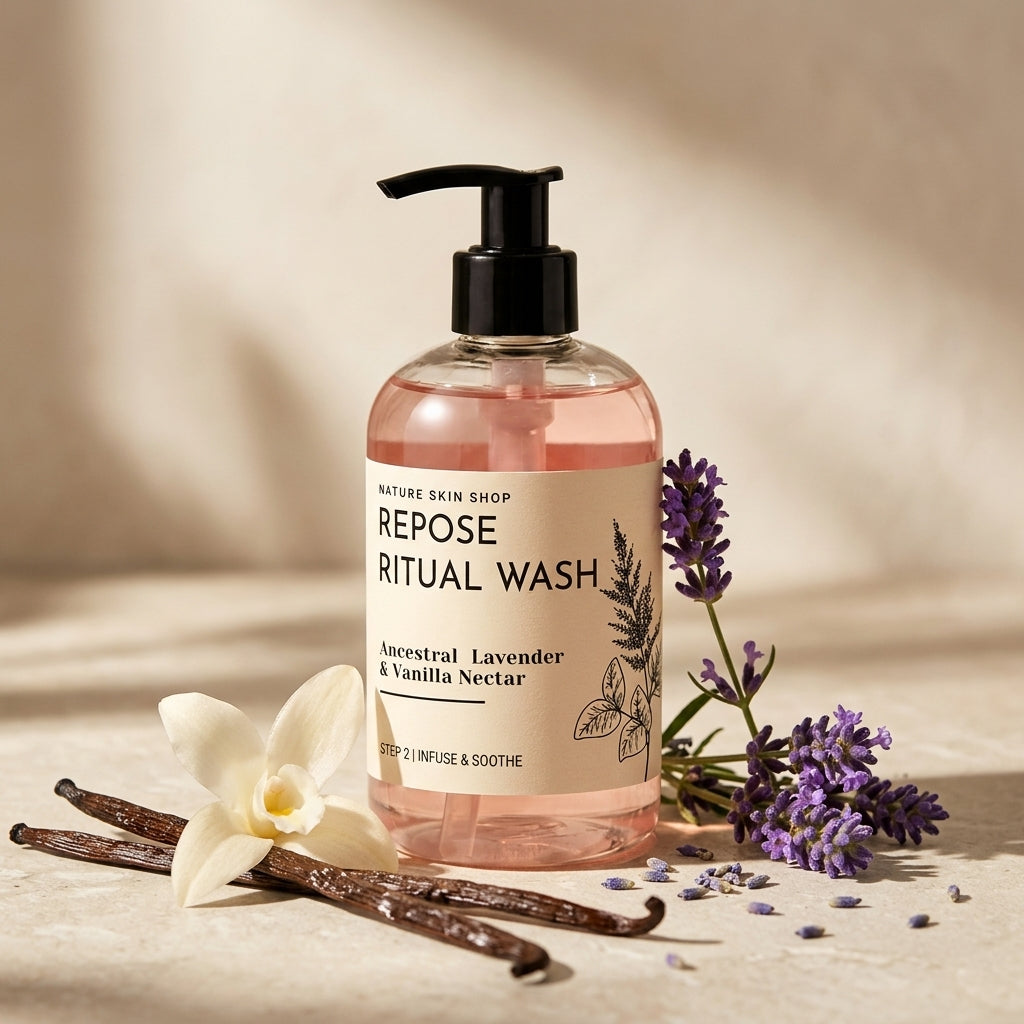 Bottle of Repose Ritual Wash with lavender and vanilla beans on a beige background