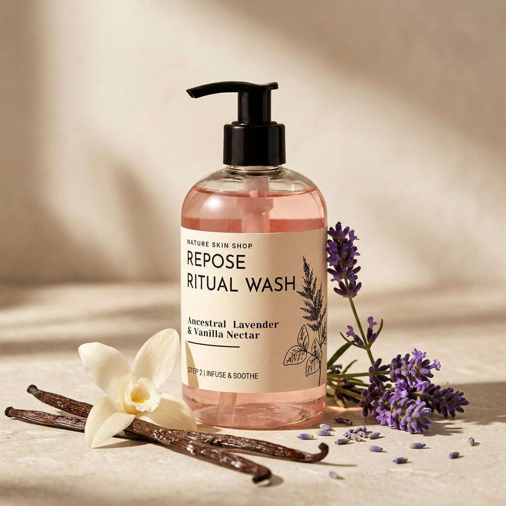 Bottle of Repose Ritual Wash with lavender and vanilla beans on a beige background