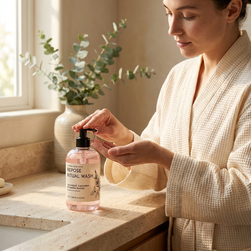 Woman in a bathrobe applying soap from a bottle labeled 'Repose' in a bathroom setting.