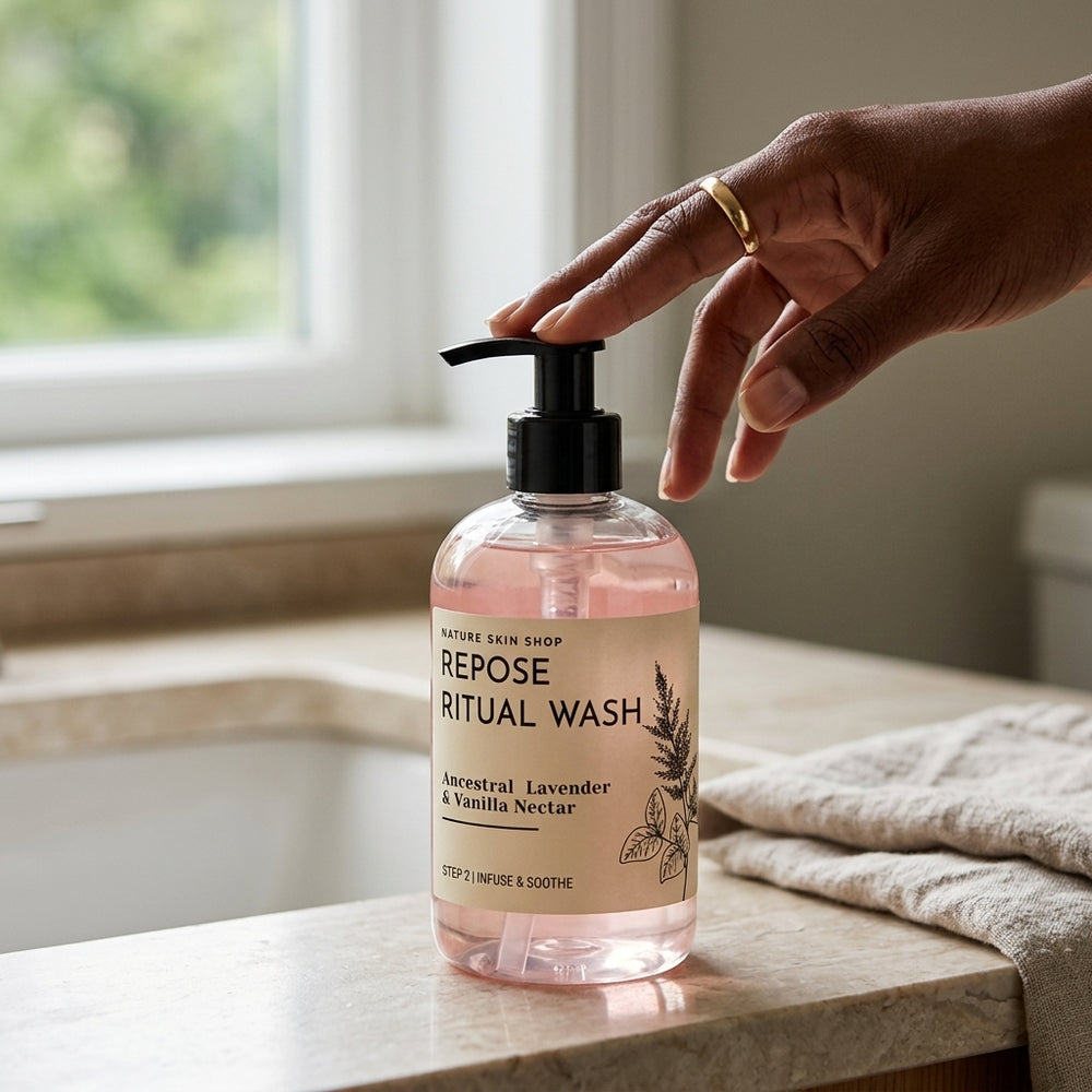 Hand holding a bottle of 'Repose Ritual Wash' on a marble surface with a window in the background.