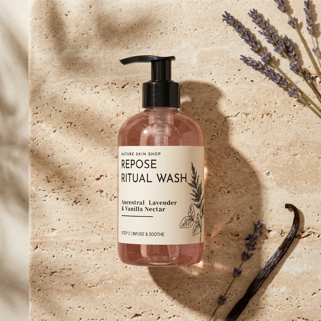 Bottle of Repose Ritual Wash with lavender and vanilla on a beige background