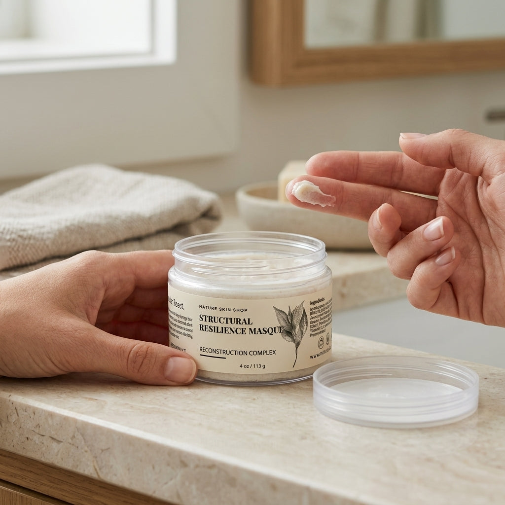 A person applies cream from a clear jar labeled Nature Skin Shop Structural Resilience Mask to their lips in a bright bathroom setting.