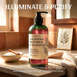 A pump bottle of Nature Skin Shop Ancestral Rice Milk & Manjistha Illuminating Face Cleanser stands on a bathroom counter with warm sunlight, a small bowl, cinnamon sticks, and a textured towel around it. Large text at the top reads 'ILLUMINATE & PURIFY' and descriptive text appears at the bottom.
