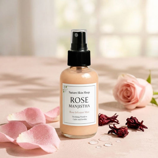 Skincare bottle labeled 'Rose Manjistha' with pink roses and petals on a soft background