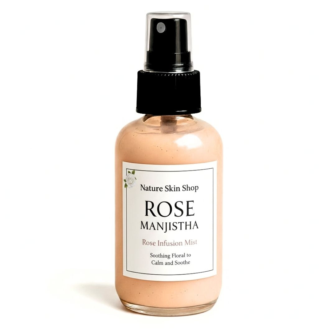 Bottle of Rose Manjistha mist from Nature Skin Shop on a white background