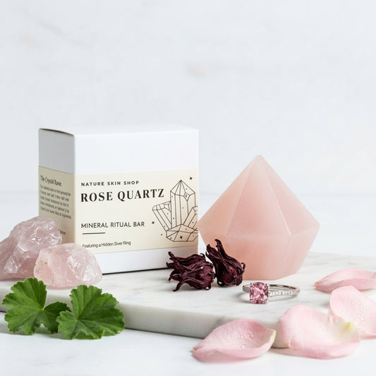 Rose Quartz products including a bar, crystal, and ring on a white surface with a white background