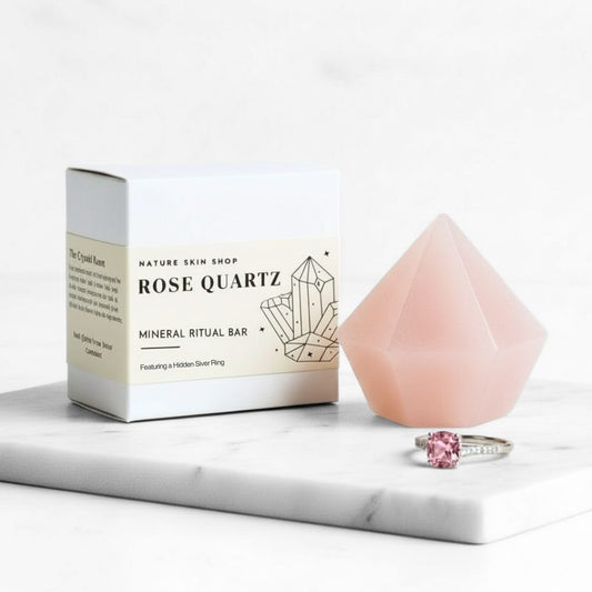 Rose Quartz mineral ritual bar with packaging and a pink ring on a marble surface