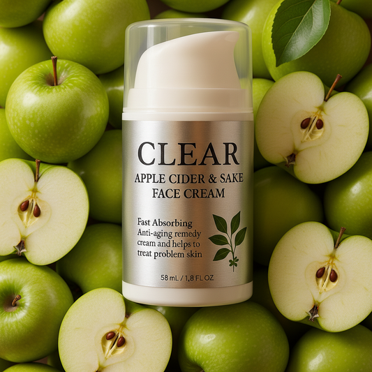 Face cream bottle labeled 'Clear Apple Cider & Sake Face Cream' surrounded by green apples.