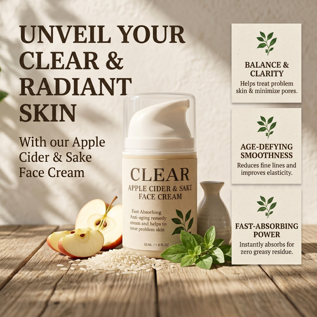 Apple cider and sake face cream with packaging and text on a wooden surface