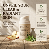 Apple cider and sake face cream with packaging and text on a wooden surface