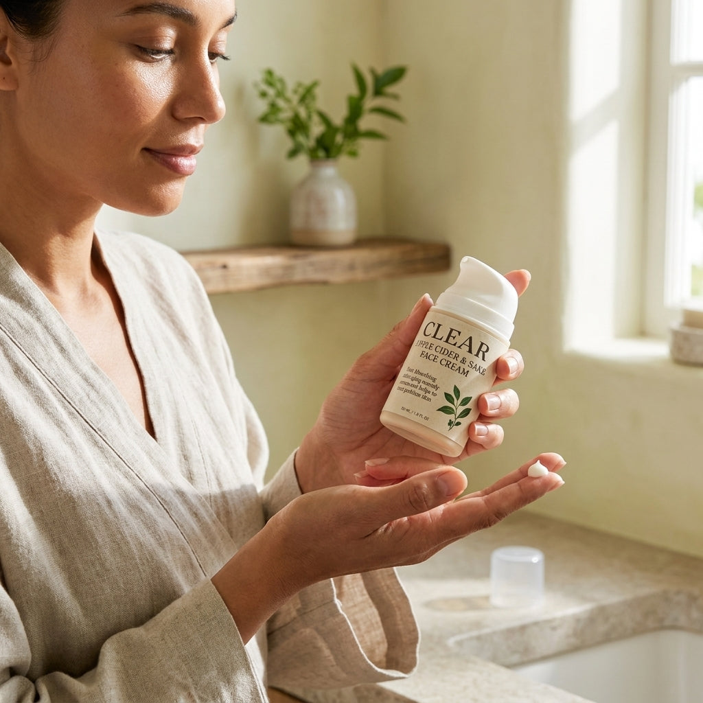 Woman holding a bottle of Clear Acne and Blemish Face Cream in a softly lit room.