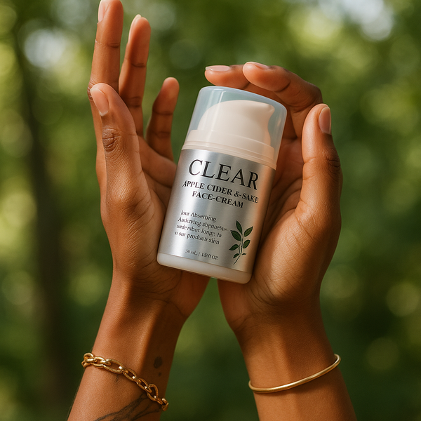 Hand holding a bottle of 'Clear' face cream with a blurred green background